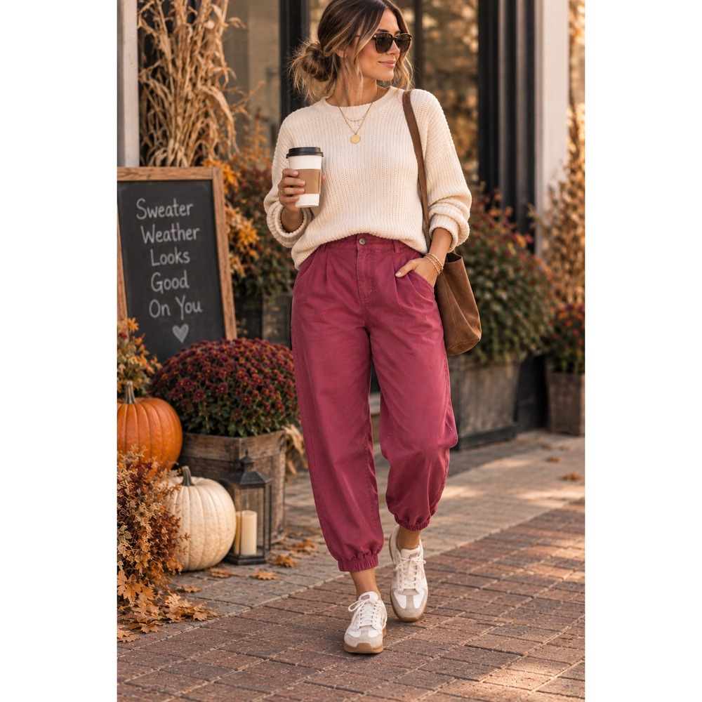 Halara Women Red Cotton High Waisted Pleated Jogger Pants Size M Regular